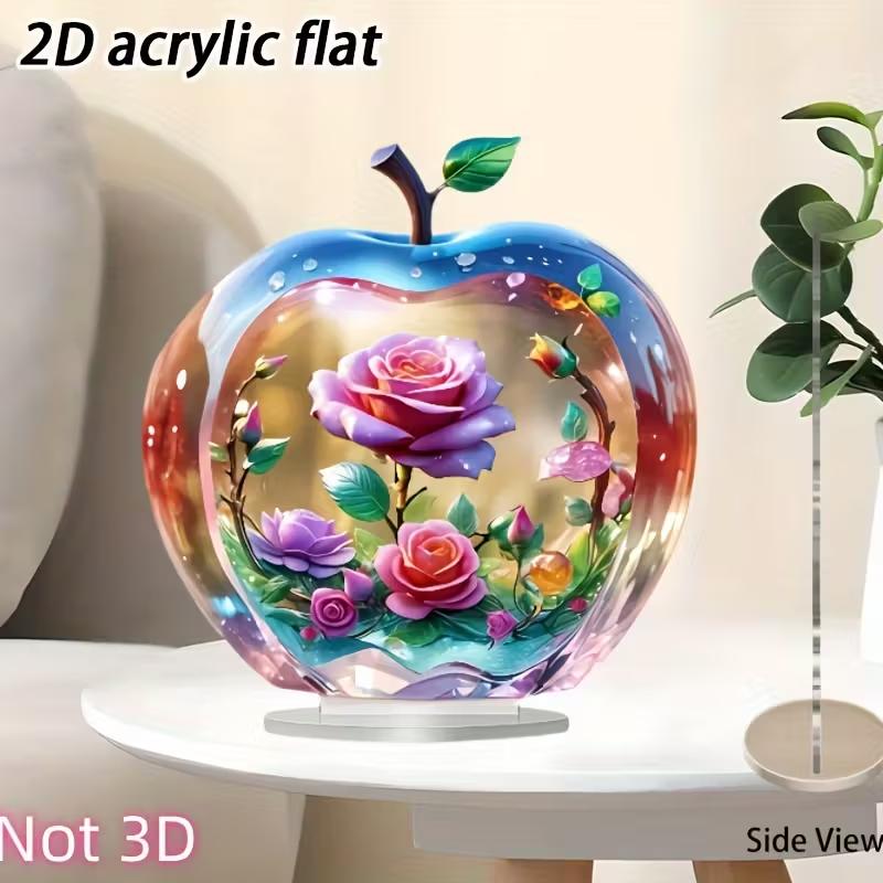 Acrylic Apple Shaped Desktop Ornament 2D Flat Floral Rose Blossom Design Home Office Decorative Accessory