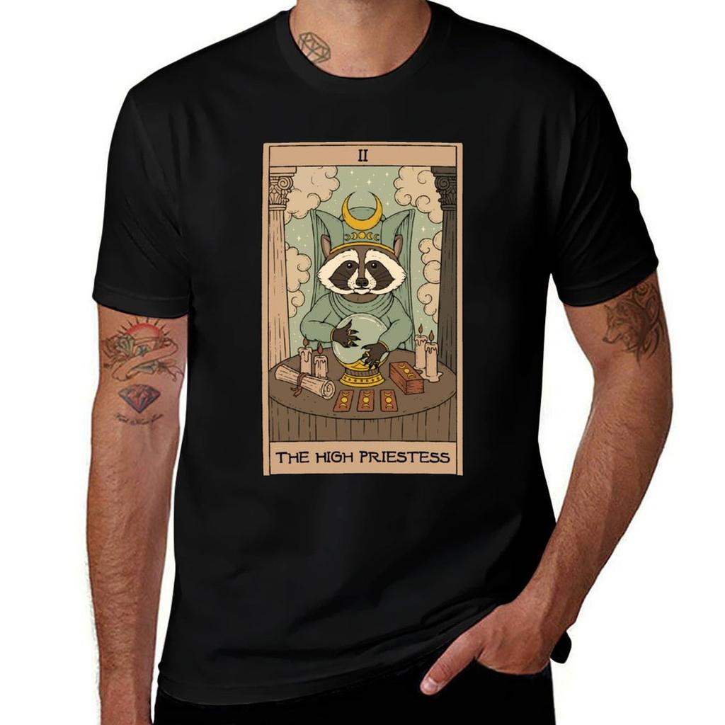 The High Priestess - Raccoons Tarot T-shirt T Shirt Man Designer Cotton T Shirts Man 100% T-shirt