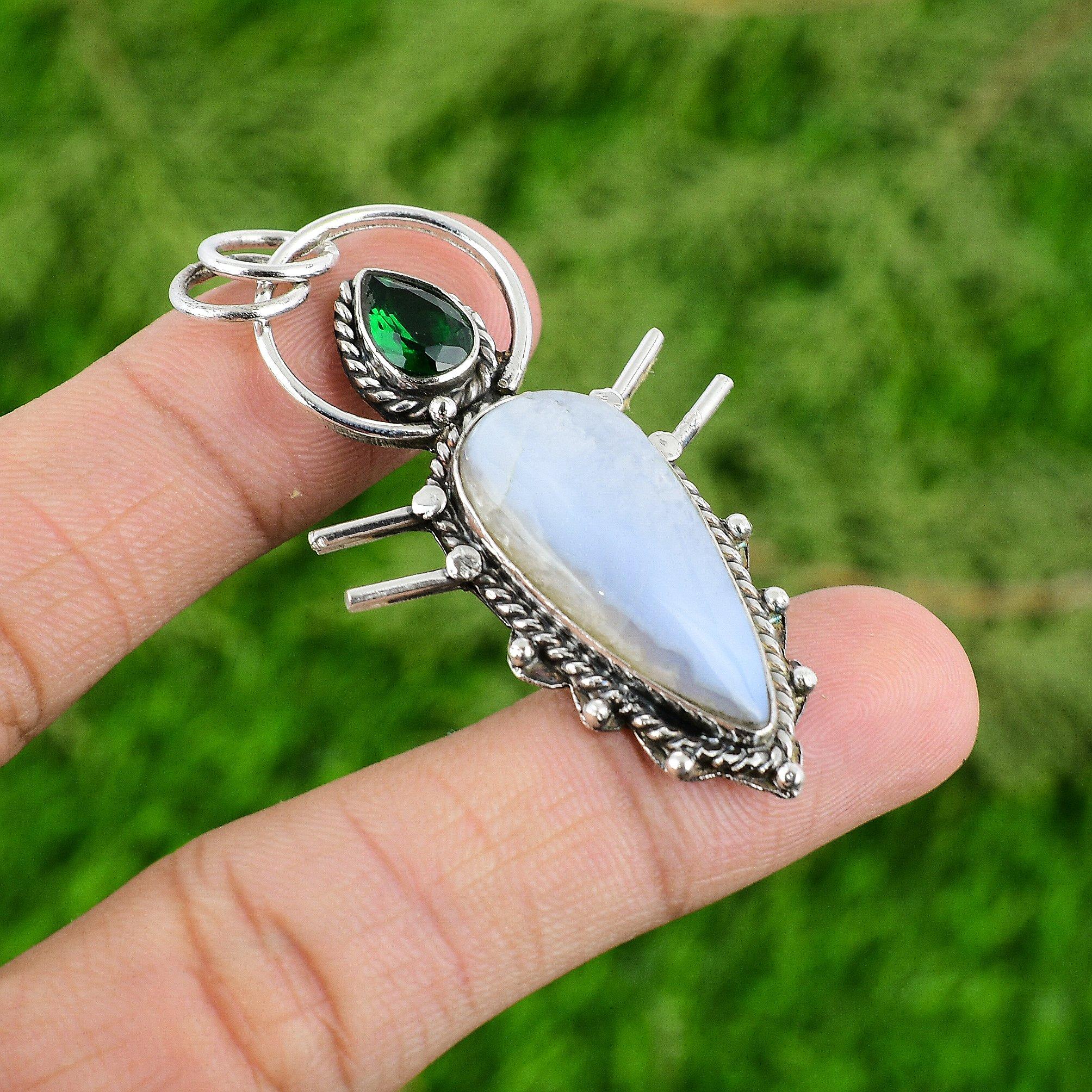 

Gift For Her 925 Sterling Silver Natural Blue Lace Agate Gemstone Pendant