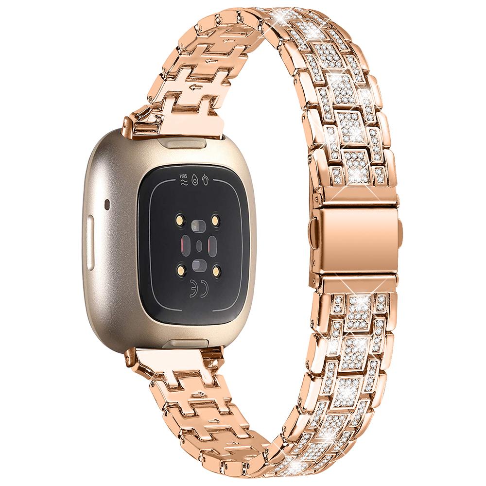 

For Fitbit Versa 4/Sense 2 Rhinestones Decor Metal Watch Band 5 Beads Dual Press Buckle Dressy Replacement Bracelet Rose Gold