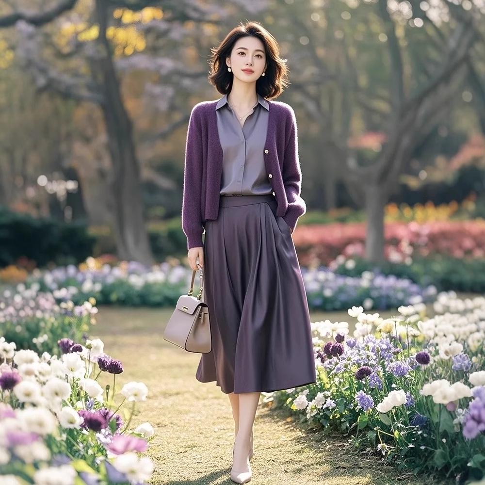 Trendy European Purple Knit Cardigan & Midi Skirt Three-Piece Set for Women
