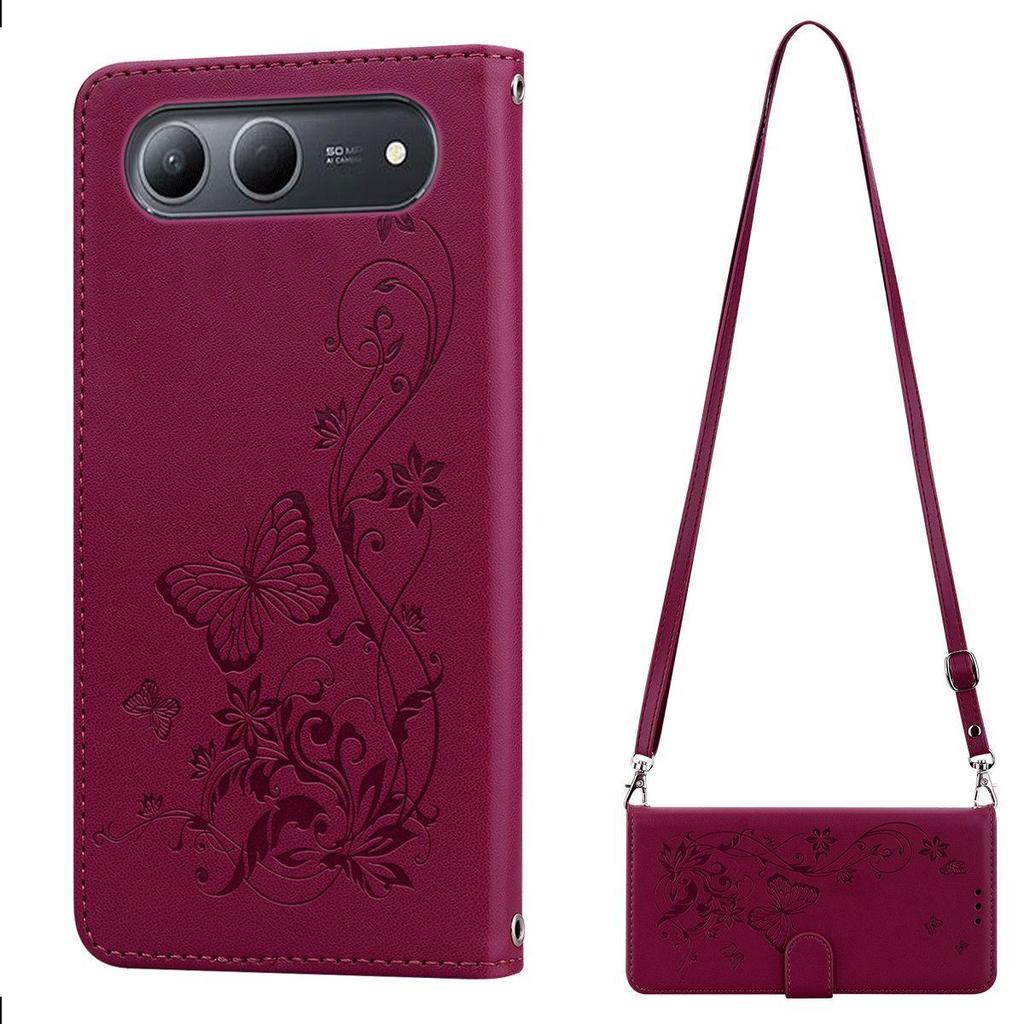 Elegant Butterfly Floral Flip Leather Phone Case for TECNO SPARK 40 5G,infinix HOT 60i 5G Long Shoulder Strap Wrist Lanyard Cover