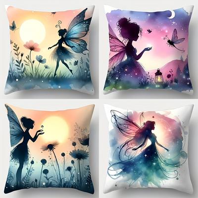 Fantasy Magic Style Pillow Covers, Playful Silhouette Fairy & Wildflower Print Cushion Cases Home Decor For Bedroom Living Room