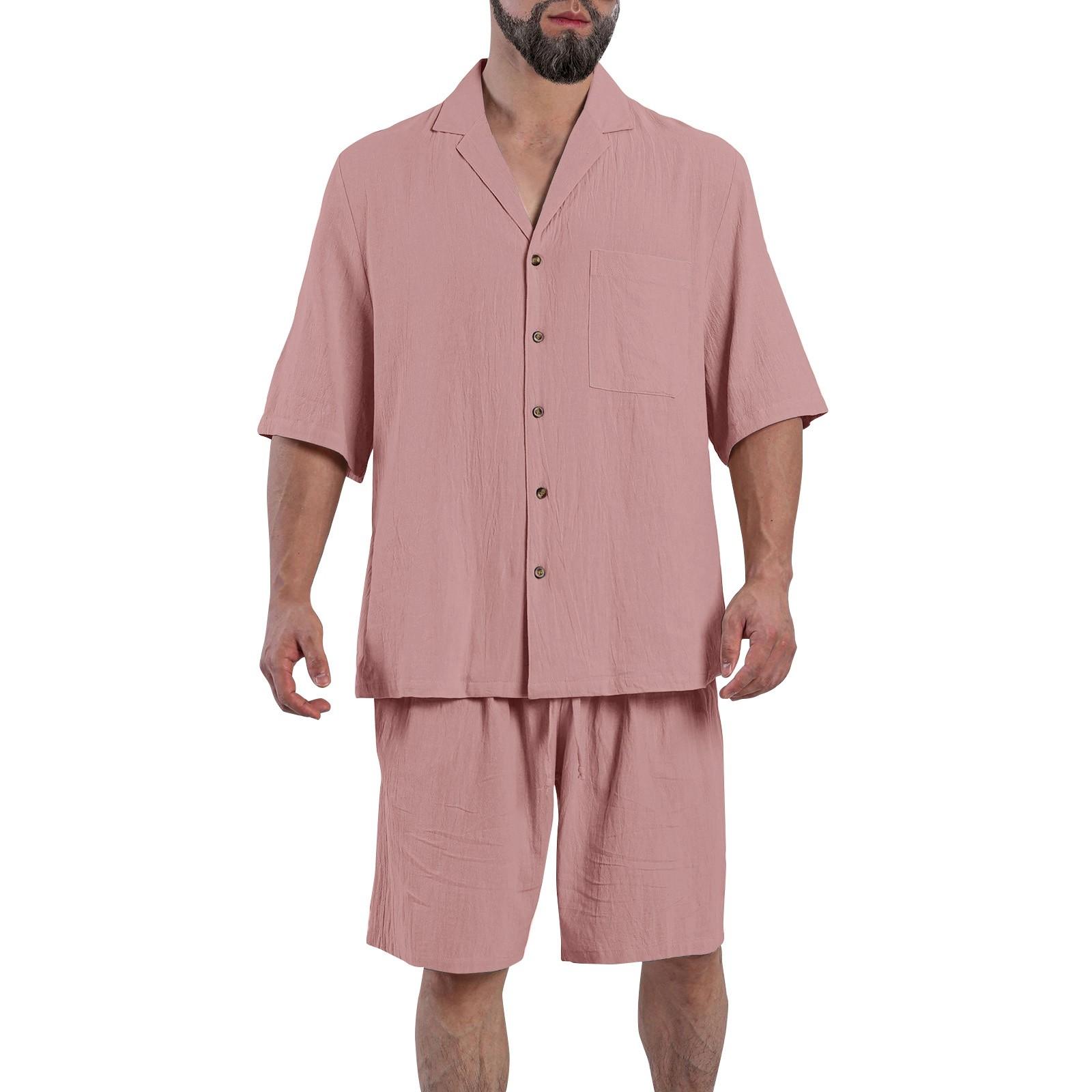 

Мужская однотонная рубашка из хлопка и льна с воротником и карманом на четверть пуговицы XXL розовый