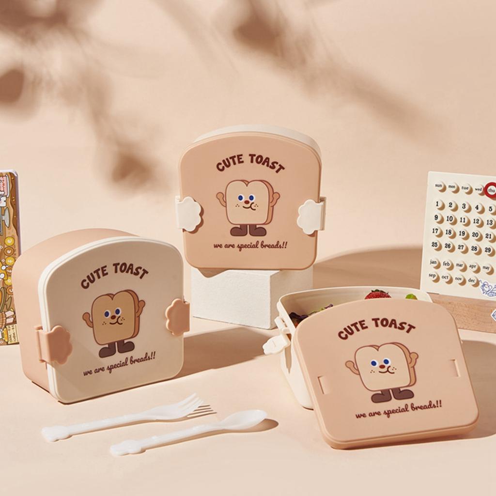 Children Bento Box Cartoon Look Divider Food Container School Portable Lunch Storage Box Khaki Toast Pattern Lid