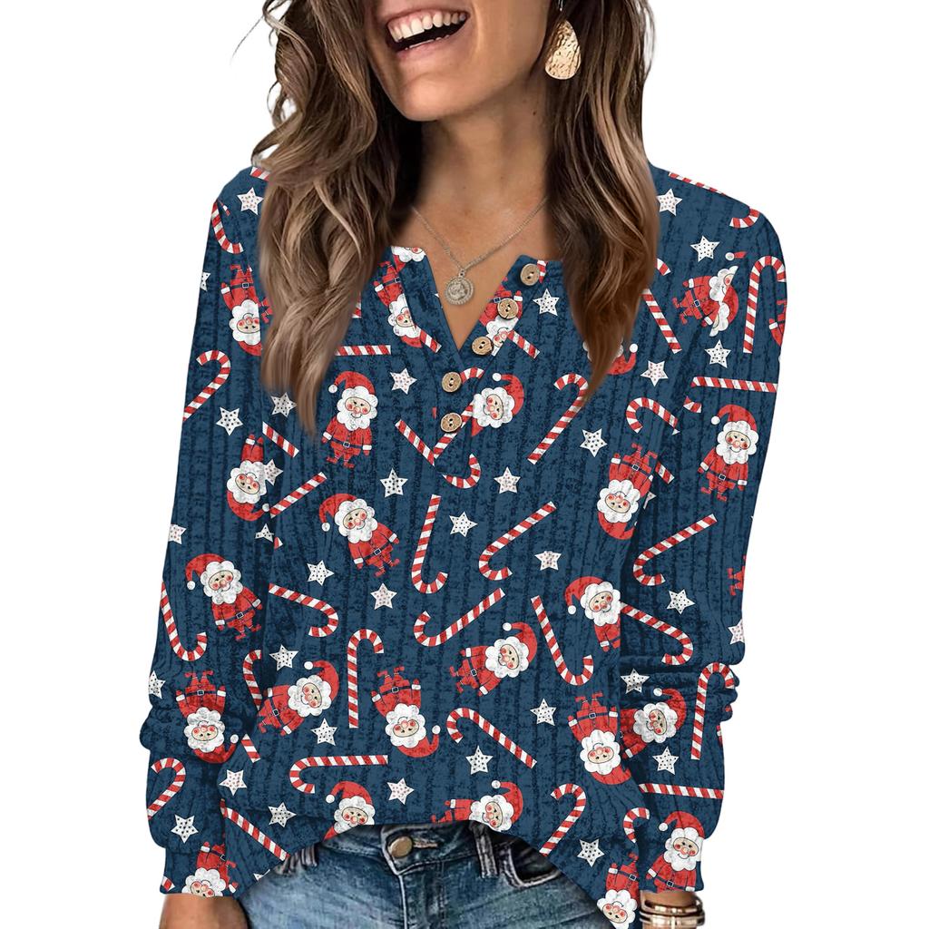 Women's Fashion V-Neck Button-Up T-Shirt With Christmas Print Long-Sleeved Top
