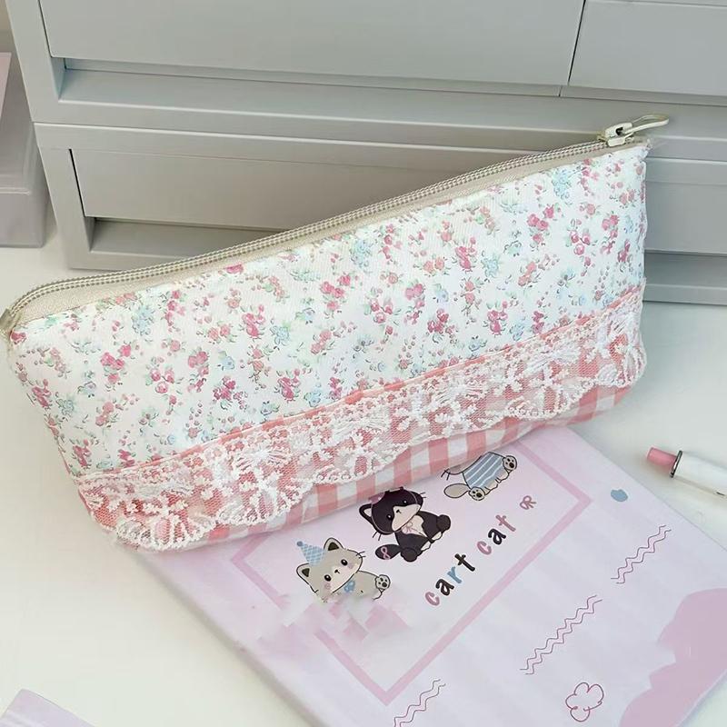 High Quality Sweet Lace Floral Design Pen Bag Large Capacity Multifunctional Stationery Bag Pencil Case Students Supplies
