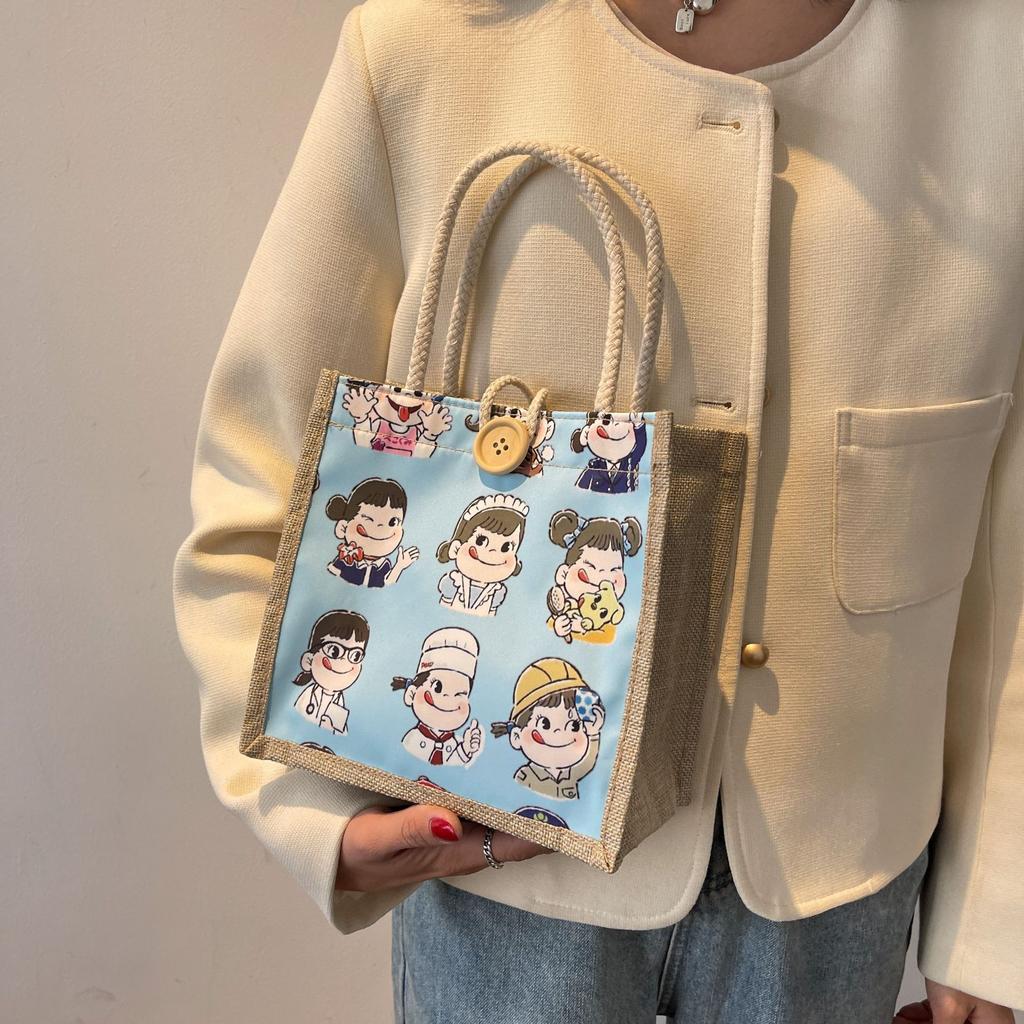 Cartoon Lunch Box Bag for Women Linen Tote Bag for Going Out Durable Makeup Storage Bag for Summer Hand-carrying Canvas Shopping Bag