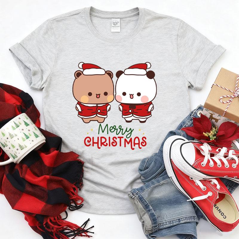 Kawaii SnowUnisex Bubu Dudu Christmas Graphic Tshirt Trendy Funny Cartoon Panda Printing Women Shirt Fashion Holiday Cotton Tees