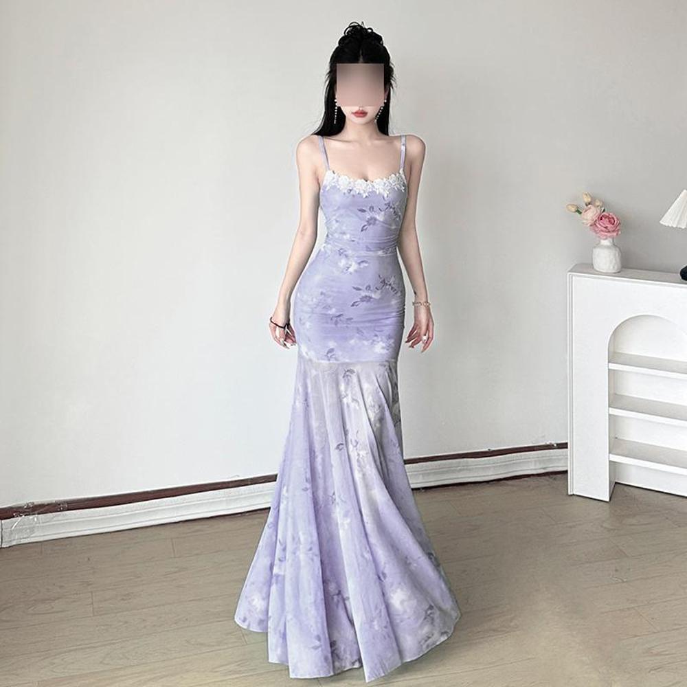 Blue Mesh Floral Suspender Dress Women's Summer Seaside Vacation Beach Dress Slim Hip Fish Tail Long Skirt