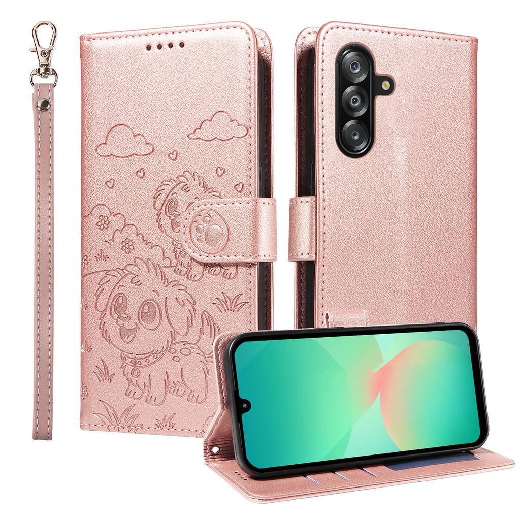 For Samsung Galaxy A16 4G/Galaxy A16 5G/Galaxy A26 5G/Galaxy A17 5G Case RFID Blocking Imprinted Dog Pattern PU Leather Phone Cover with Wrist Strap