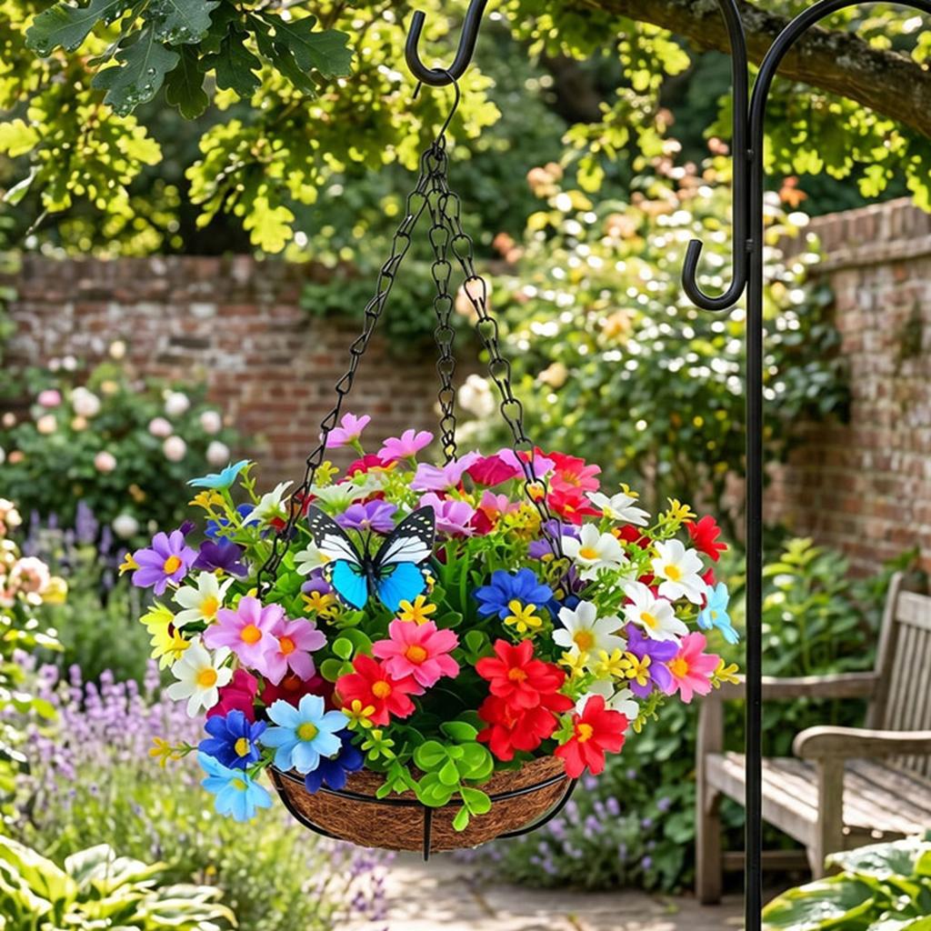 Artificial Hanging Basket Colorful Spring Floral Arrangement Rustic Home Decor Iron Frame for Indoor Outdoor Colorful