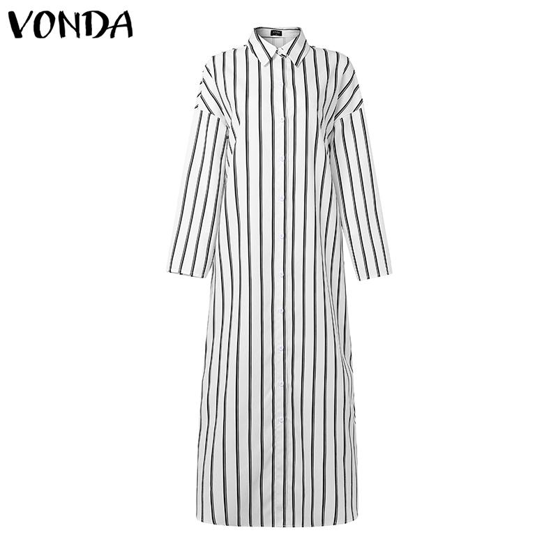 

VONDA Women Turn Down Collar Casual Long Sleeve Striped Baggy Maxi Long Dress M чёрный