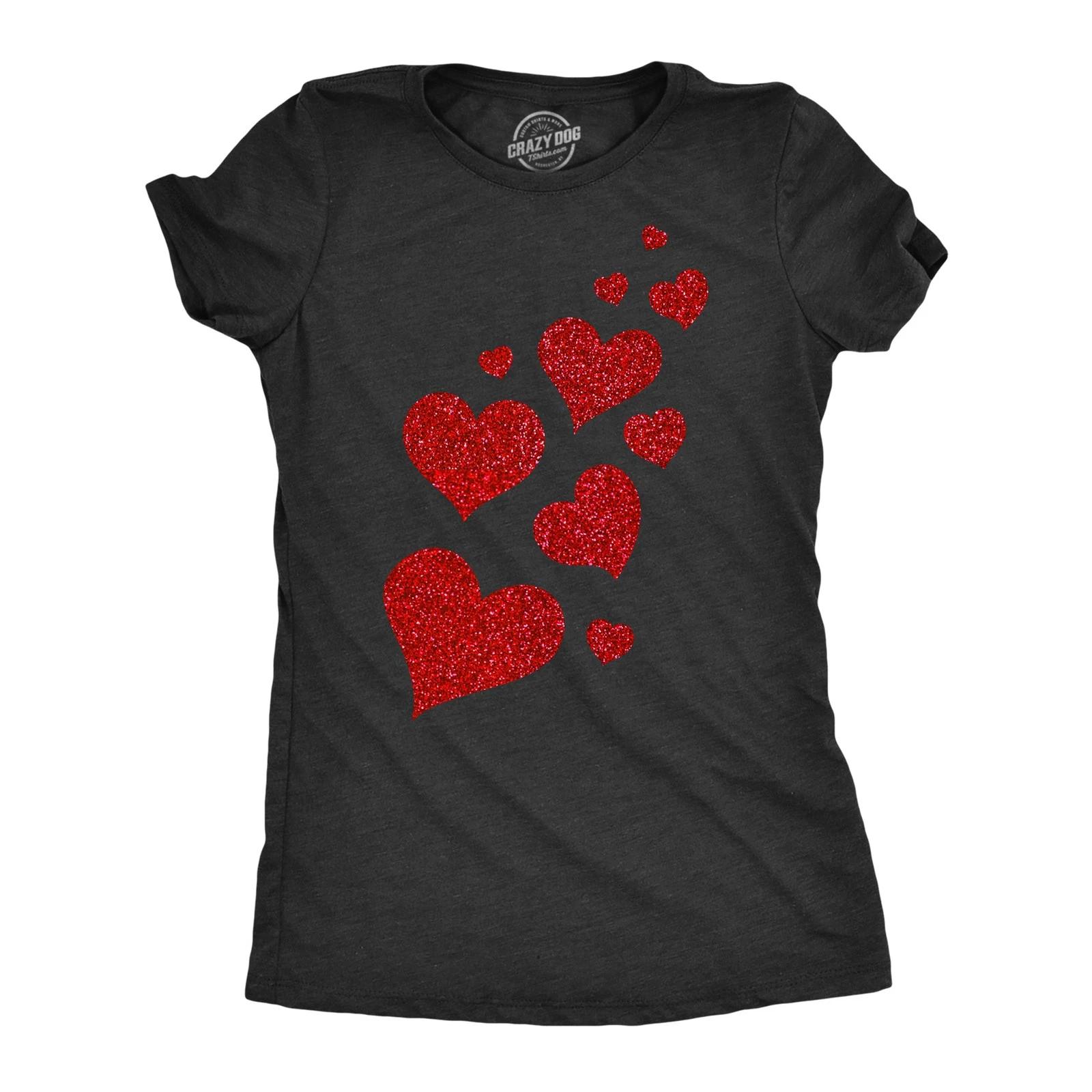 Womens Glitter Hearts T Shirt Cute Valentines Day Red Heart Graphic Novelty Tee S