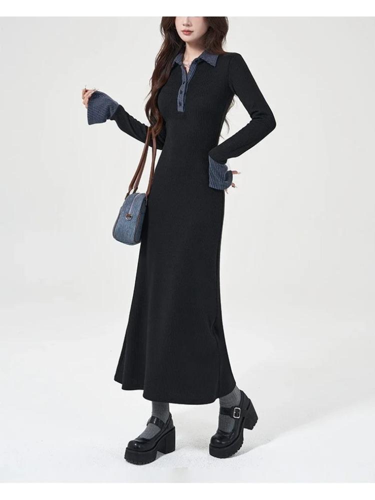 Korean Contrasting Color Lapel Long-sleeved Knitted Dress New Style High-end Waist Slimming Inner A-line Long Skirt for Women