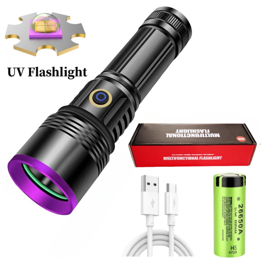 Leistungsstarke UV-Taschenlampe 365nm Wasserdicht Schwarzer Spiegel Lila Licht Detektion Taschenlampen-Typ C Wiederaufladbare Ultraviolettlampe