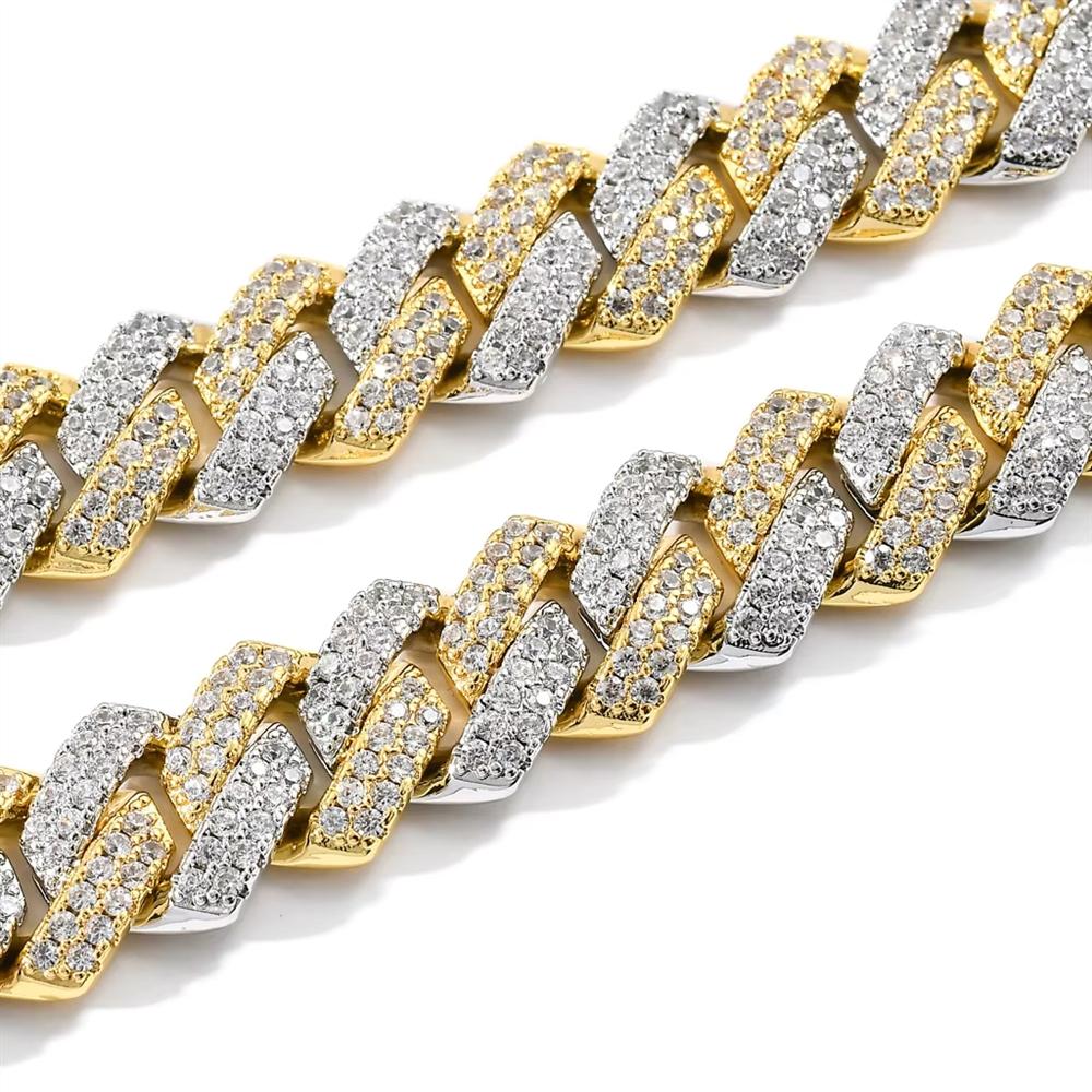 Modeschmuck Hip Hop 14mm Flaches Kubanisches Gliederkettenarmband Bling CZ Iced Out Rhombus Zweifarbig Miami Kubanische Kette Armband
