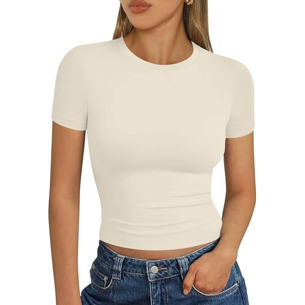 Ladies Summer Fashion Casual Color Round Neck Short Sleeve Slim Ribbed Top