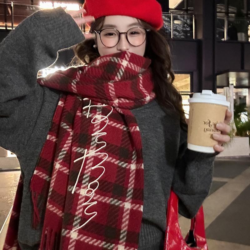 College style red plaid scarf women's autumn and winter fashion versatile student couple pair of scarves men's long models