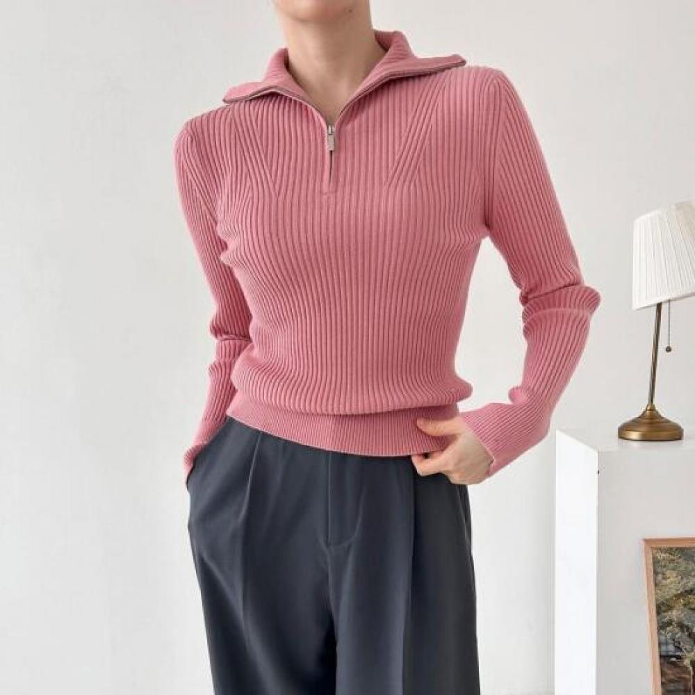 New Arrivals Open Run Women Modal Long Sleeve T shirT Collar Neck Pink Half Zip
