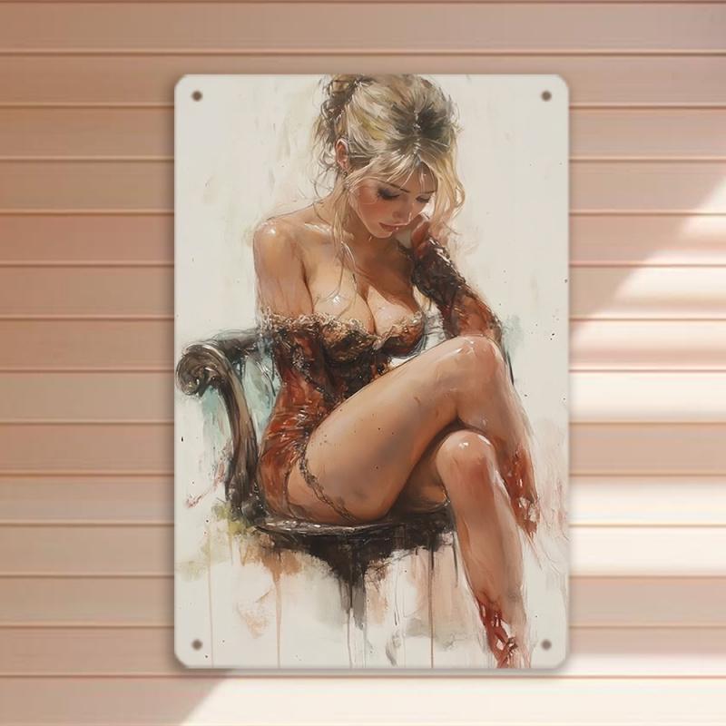 [Vintage-Style Wall Art] Vintage-Style Aluminum Wall Art Sign - 1pc  Elegant Lady Painting Metal Tin  Wall Hanging Decor