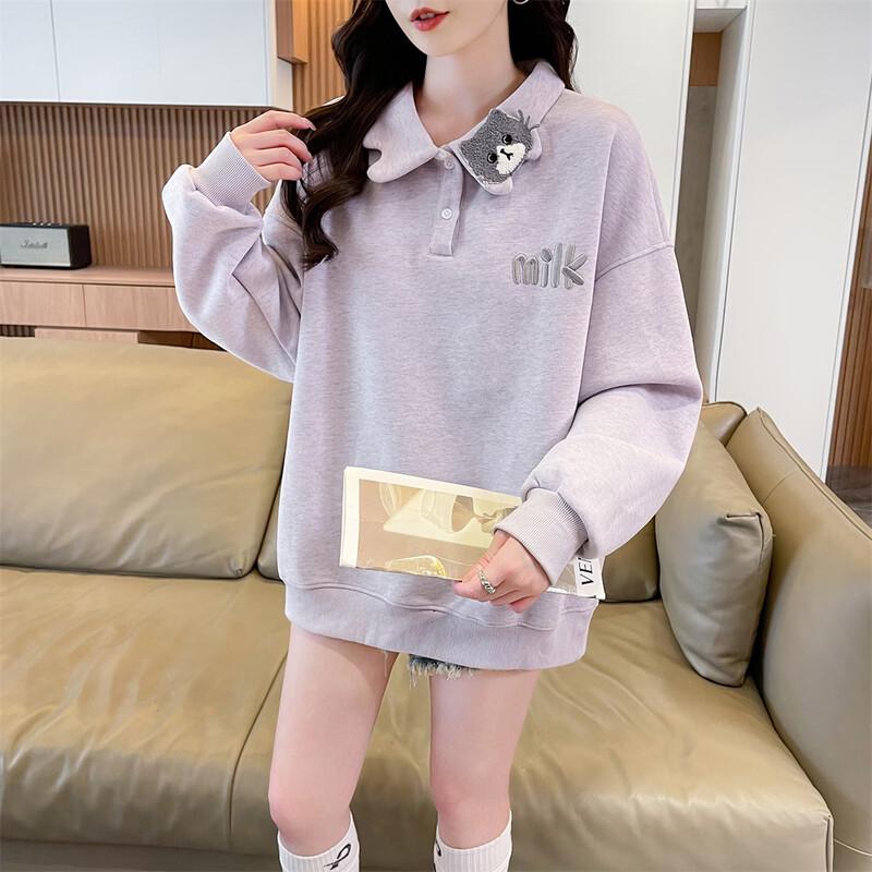 ZOSOUL Polo Collar Pullover Sweatshirt with Cat Embroidery
