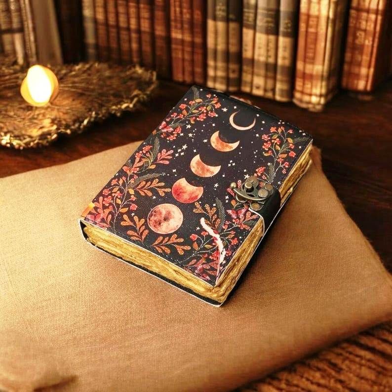 

Moon Phase Leather Journal | Handmade Vintage Celestial Notebook | Antique Deckle Paper Diary 7 x 5 inch / 100 page