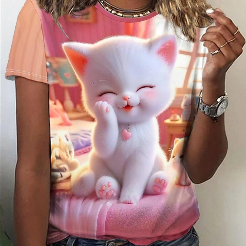 

3D Pattern Design Printing Women s T-Shirt Cat Print- Comfy Short Sleeve Crew Neck - Perfect for Spring & Fall Casual Wear XL
