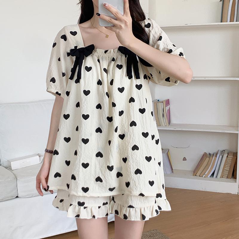 

Женская летняя пижама Cross-Border с нагрудными подушечками и короткими рукавами из хлопка-пузырька - Милый свободный комплект для дома и отдыха в стиле принцессы M