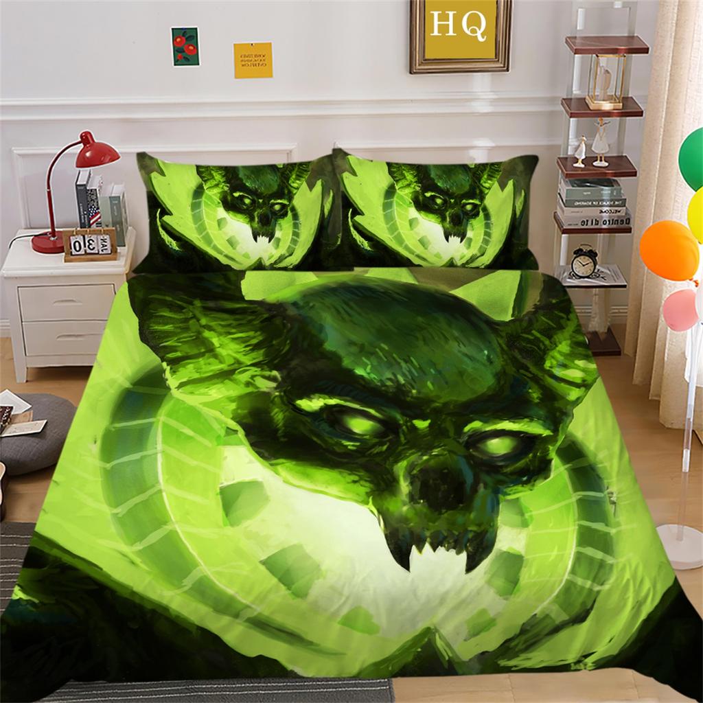 3D Horror Patterned Printed Bedding Set with Skull Head Pattern Down Duvet and Pillowcase 2/3 Pieces Halloween Festive Atmosphere Home Decoration