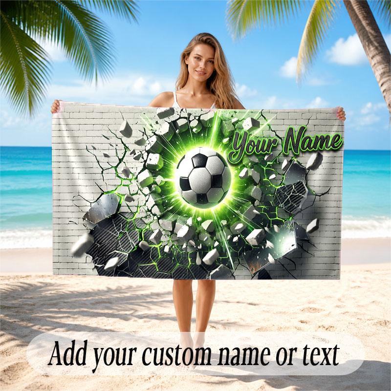 Soccer Theme Beach Towel Personalized Custom Name & Text Soft Quick Dry Beach Towel for Swimming Travel