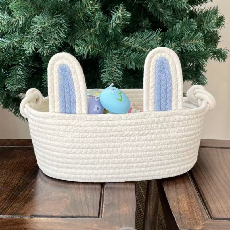 Cotton Rope Basket With Bunny Handle For Diy Easter Craft Storage Organizer For Home Decor