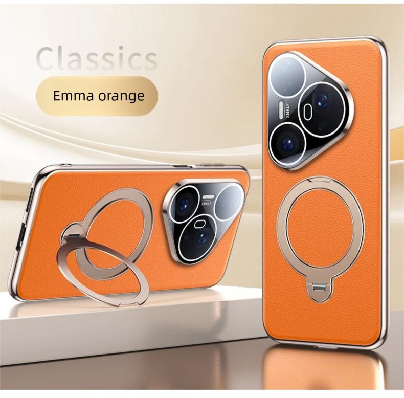 

Премиальная магнитная подставка-чехол из веганской кожи для iPhone 17 Air 16 15 14 13 Pro Max, 360° вращающаяся металлическая скоба, гальванизированная рамка iPhone 15 Pro Max оранжевый