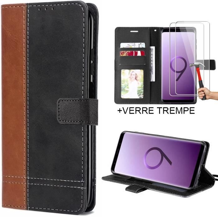 Case + 2 Tempered Glasses for Samsung S9 - Two-Tone Black-Brown Leather Effect Case