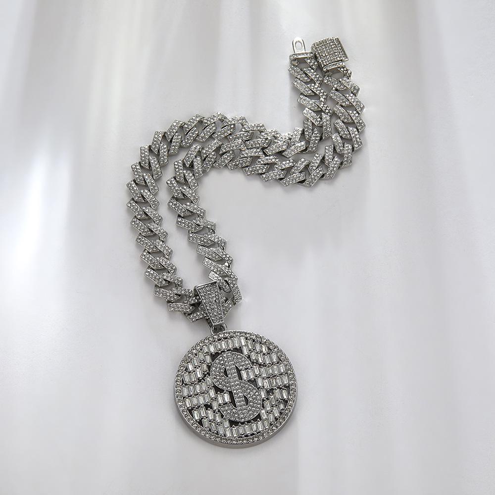 Colgante de Moneda de Dólar con Pedrería Hip Hop con Cadena Cubana Dorada - Accesorio Unisex de Moda