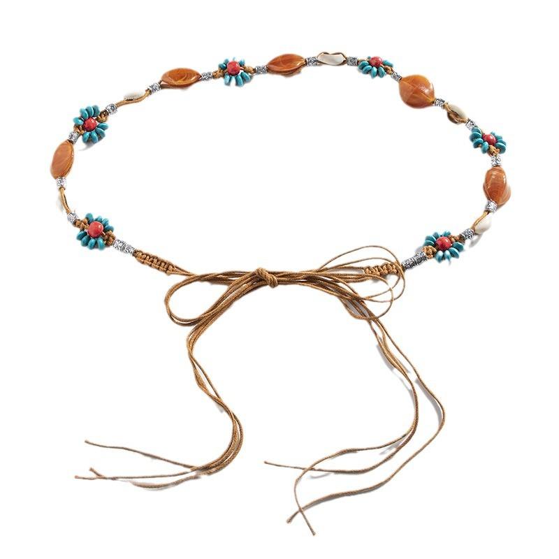 Boho Style Flowers Weaving Knotted Ethnic Style Handmade Wooden Beads Women's Belt Leisure Vacation Style Beautiful Waist Rope