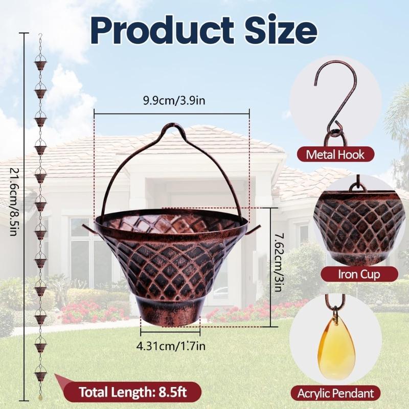 Catena per la Pioggia in Bronzo Antico a Maglia Decorativa per Grondaie Sospese per Drenaggio e Decorazione Artistica del Giardino