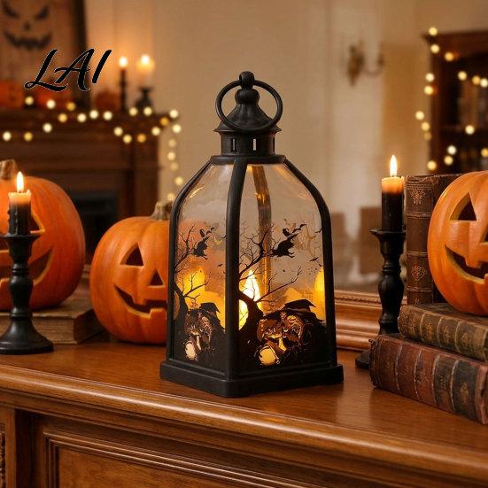 Halloween Party Decoration Candle Lantern Decorative Spooky Witch Skeleton Pumpkin Tabletop Reusable Decor Light for Haunted House Front Porch,