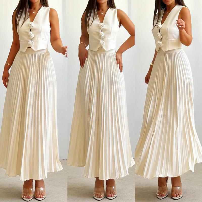 European & American Women's Sleeveless Vest and Pleated Long Sleeve Two-Piece Summer Set