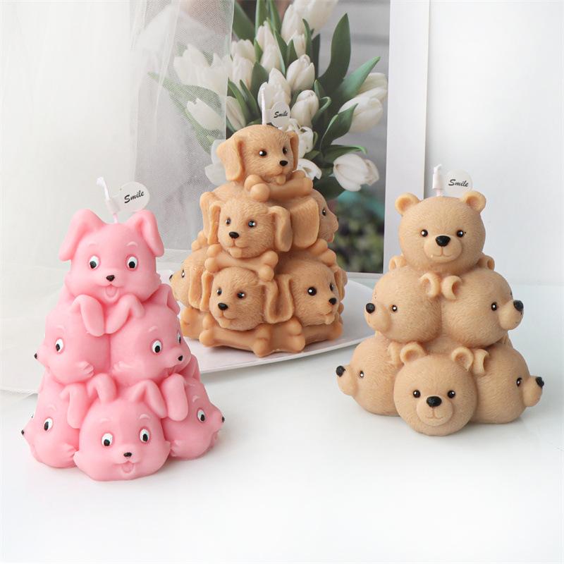Animal Tower Candle Silicone Molds DIY 3D Frog Bear Dog Cat Rabbit Puppy Bunny Kitten Pile Soap Plaster Mold Pet Decor