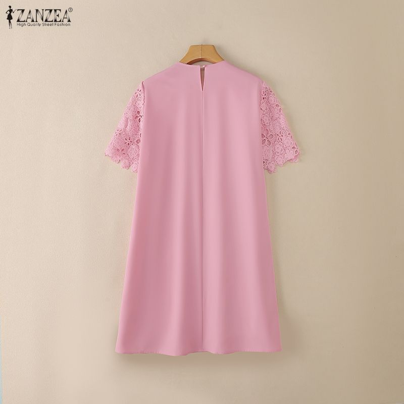 ZANZEA Women Casual Round Neck Short Sleeve Patchwork Lace Crochet Dress
