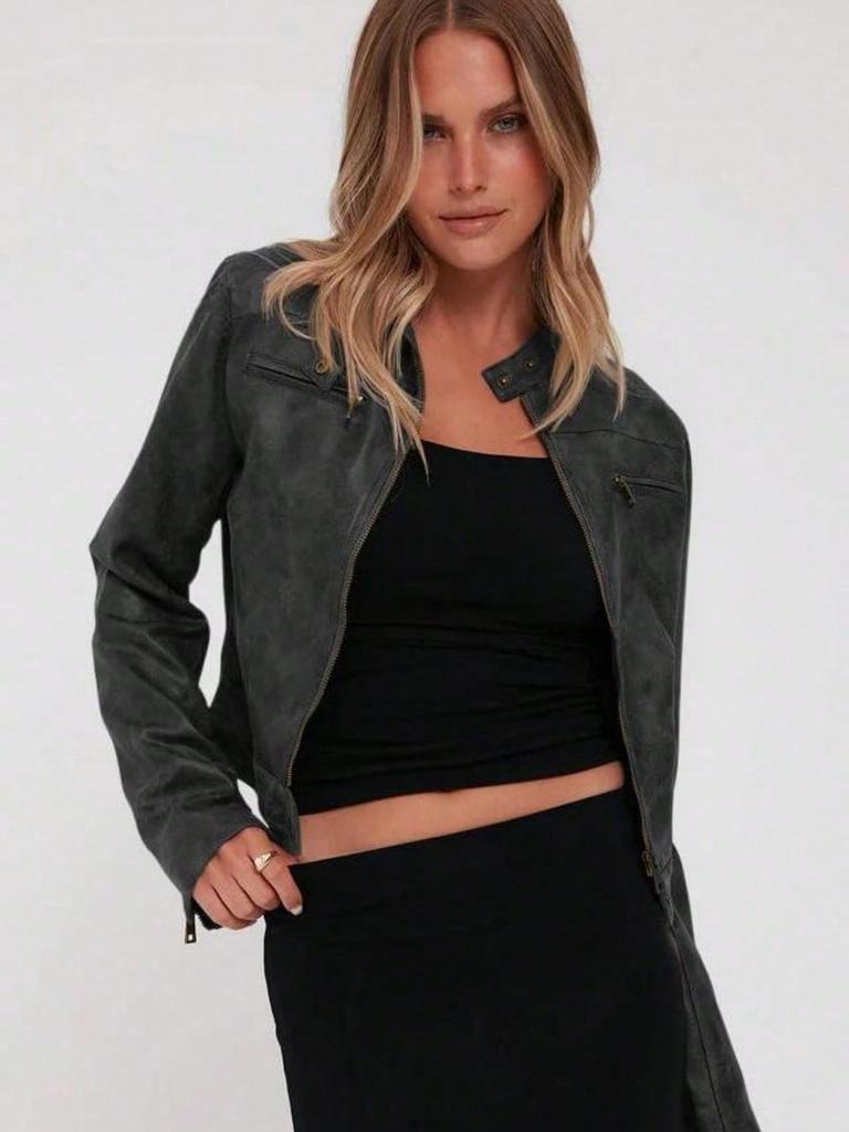 Giacca Moto Corta Vintage da Donna in Ecopelle con Zip e Collo Alto Cappotto Biker Corto Casual