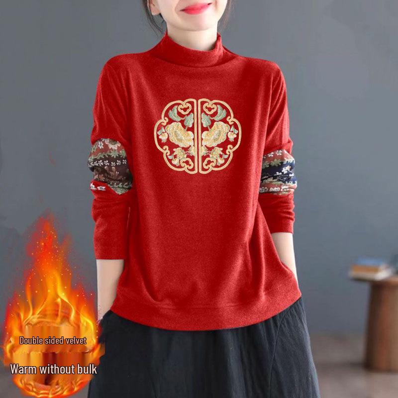 

Luxurious Double-Sided German Velvet Retro Print Long-Sleeve Top with Semi-High Collar 2XL [Recommend 130-145 jin]