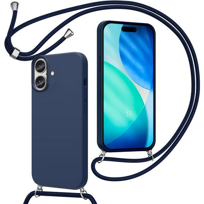 Coque de Téléphone - BOOLING - pour iPhone 17 - Silicone Liquide Antichoc Bleu Marine avec Cordon