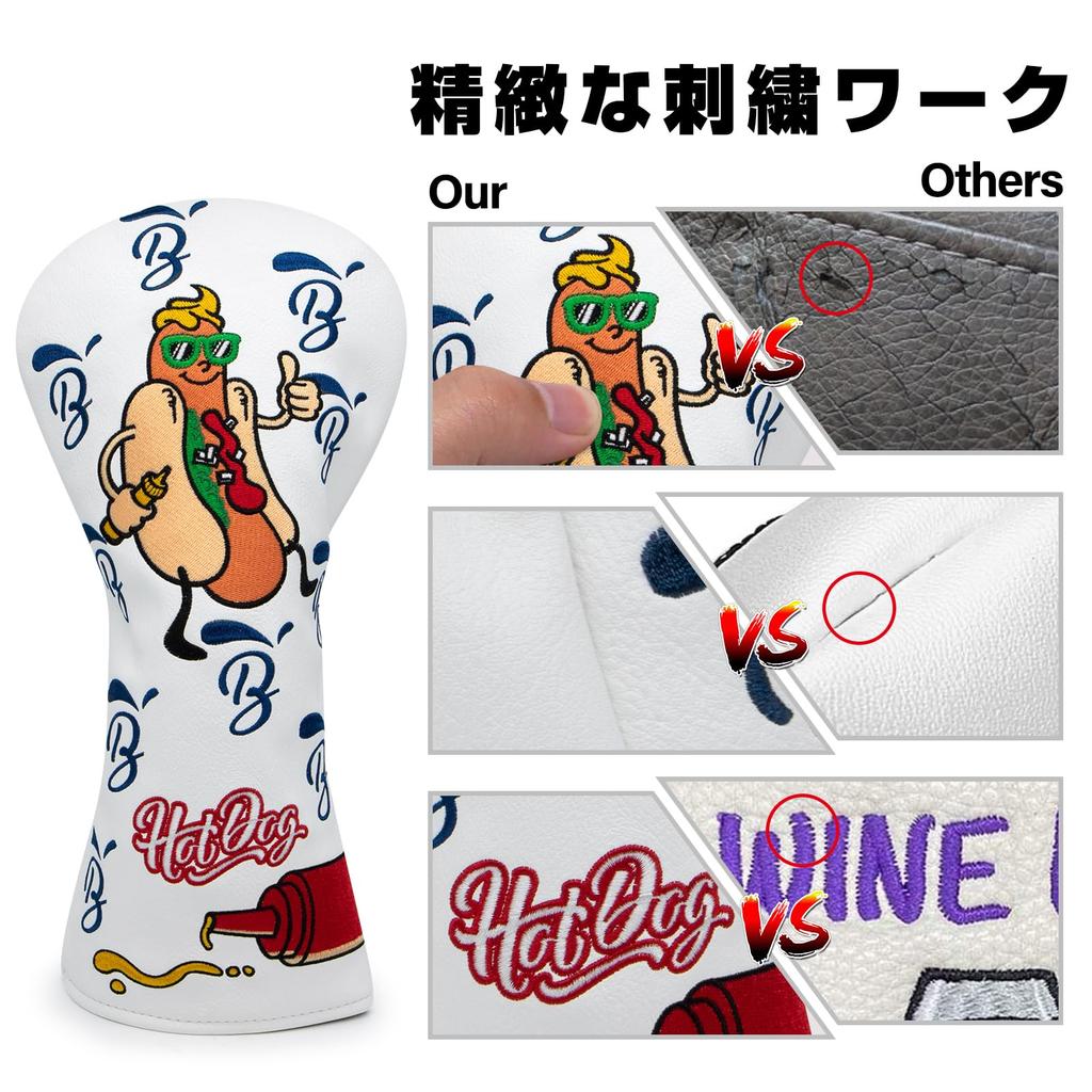 Golf Club Headcovers Hot Dog Embroidery Overflowing Wood Covers for Fairway Hybrid with Number Tags Putter Cover with Magnetic Closure Blade Putter