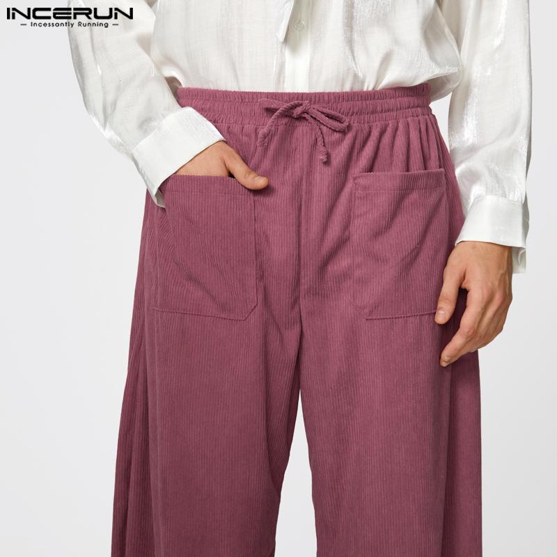 INCERUN Men Drawstring Elastic Waist Texture Pockets Casual Long Pants Trousers