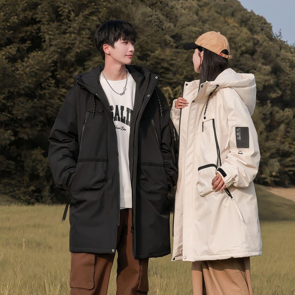 Unisex Mid-Length White Duck Down Winter Jacket: Windproof Hooded & Warm.