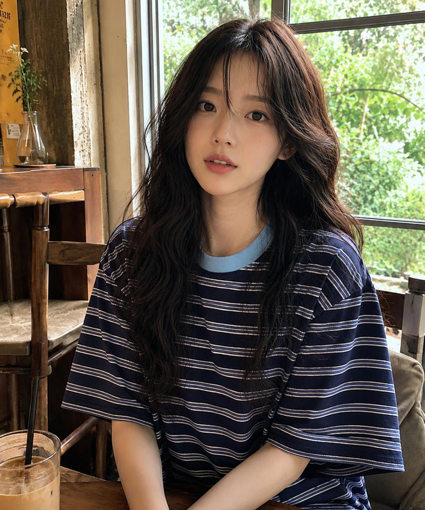 Sayu Striped Biscuit Short Sleeve T-Shirt Navy