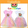 Cocomelon Kids Girl Princess Dress With Short Sleeve Cartoon Anime Print And Breathable Mesh Fabric