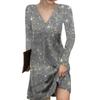 Damenmode Sexy V-Ausschnitt Pailletten Langarm Schlanke Kleider
